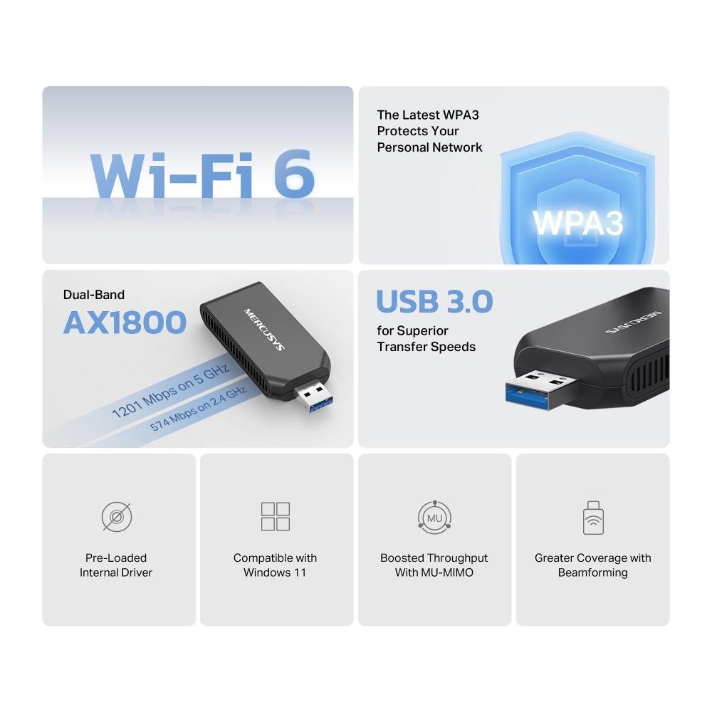 Безжичен USB адаптер Mercusys MA70XM Wi-Fi 6 AX1800