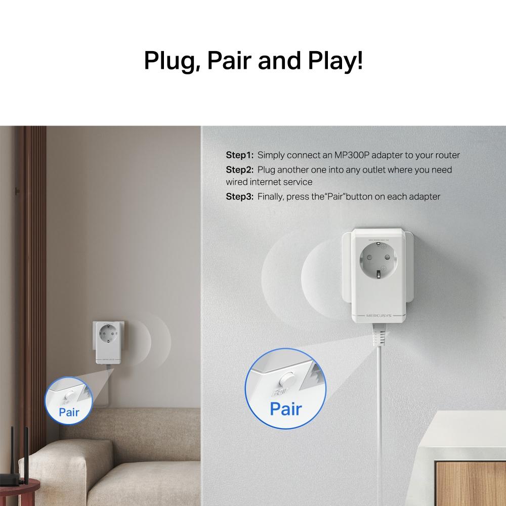 Стартов комплект Passthrough Powerline адаптери Mercusys MP300P KIT AV600