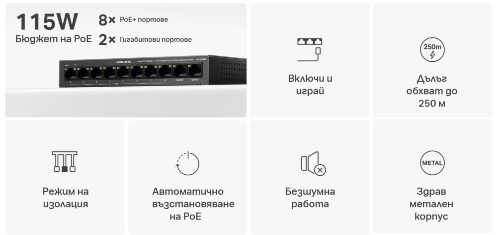 10-портов Gigabit Desktop комутатор с 8-Port PoE+ Mercusys MS110CMP