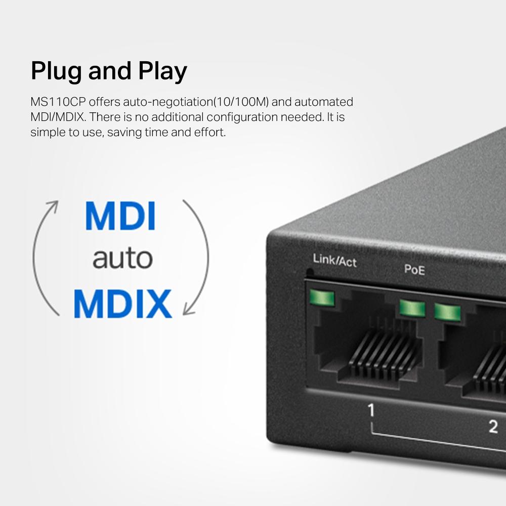 8-портов 10/100 Mbps + 2-портов Gigabit Desktop комутатор Mercusys MS110CP с 8 PoE+ порта