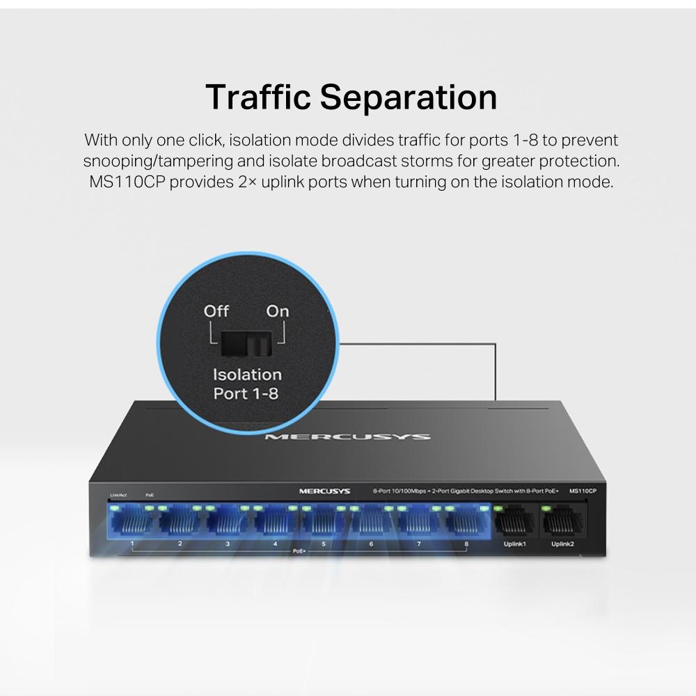8-портов 10/100 Mbps + 2-портов Gigabit Desktop комутатор Mercusys MS110CP с 8 PoE+ порта