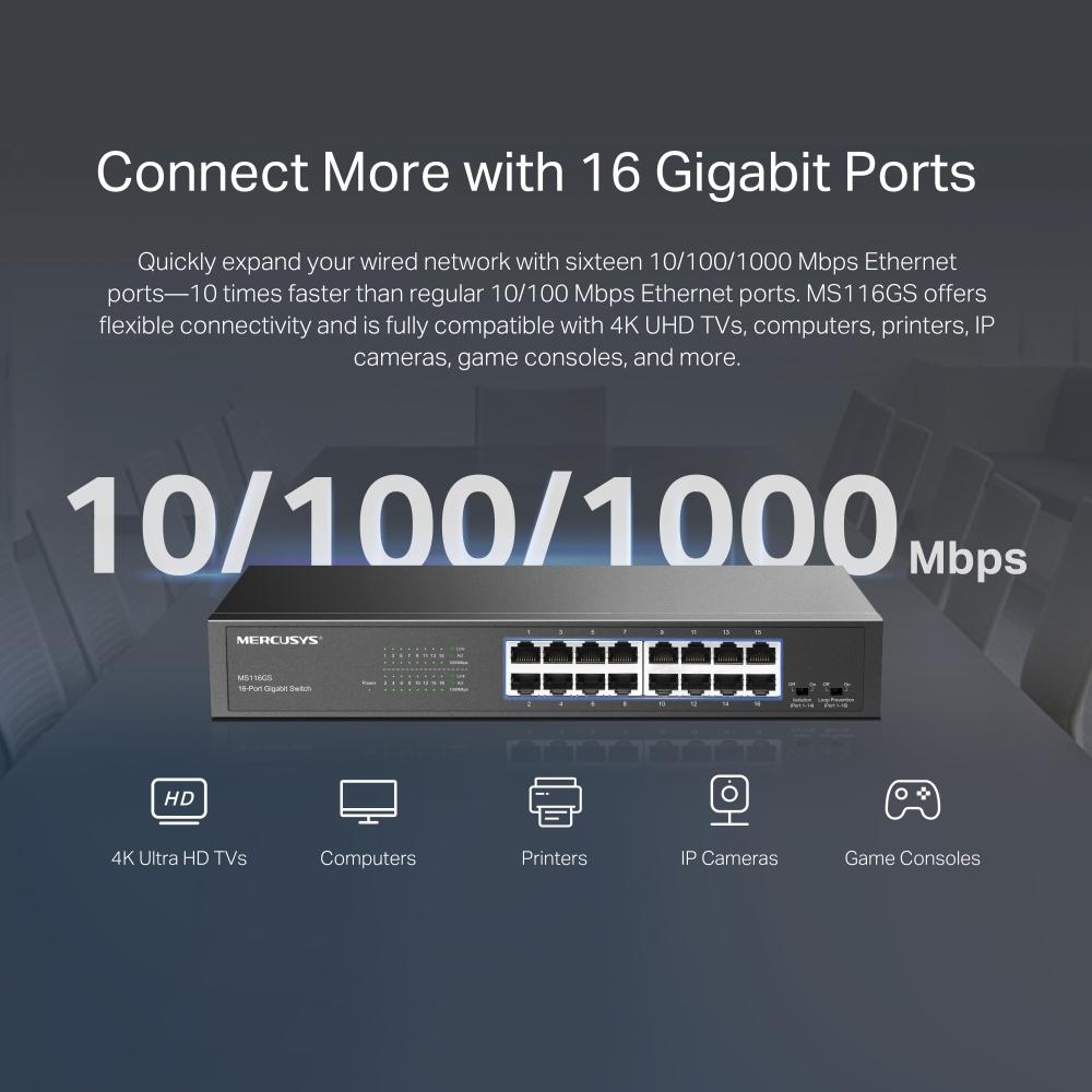 16-портов Gigabit Desktop/Rackmount комутатор Mercusys MS116GS
