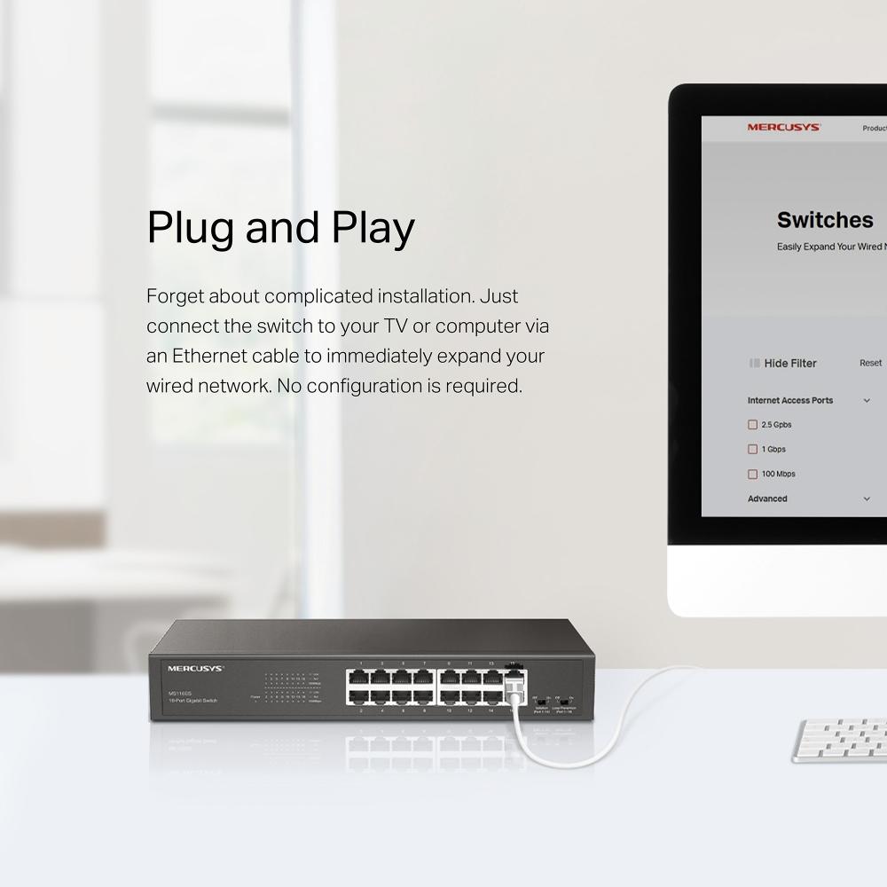 16-портов Gigabit Desktop/Rackmount комутатор Mercusys MS116GS