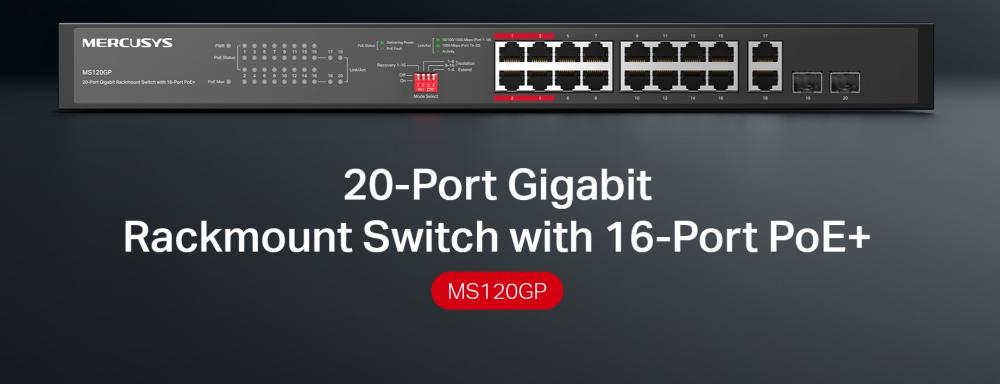 20-портов гигабитов комутатор за монтаж в шкаф Mercusys MS120GP с 16 PoE+ порта