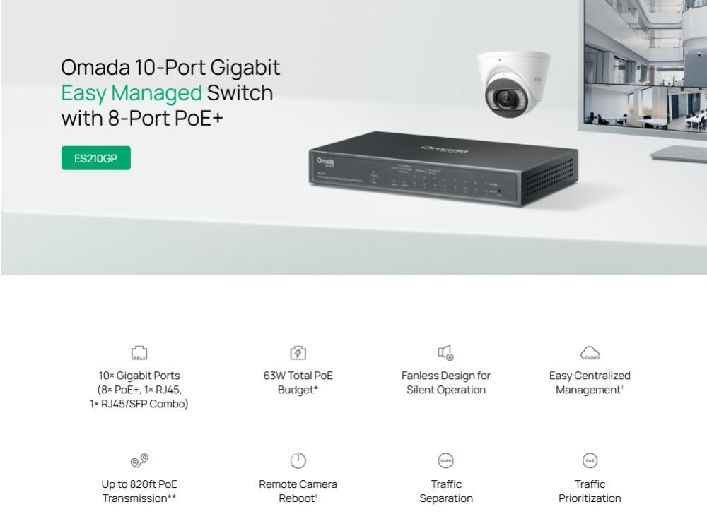 10-портов Gigabit Easy Managed комутатор TP-Link Omada ES210GP с 8-портов PoE+
