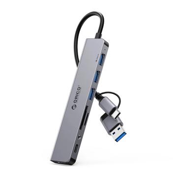 Докинг станция Orico YSA8-U3 USB-A/USB-C Hub 3xUSB-A 2.0 + 1x USB-A 3.0 + 1x USB-C 2.0 + 1x 3.5mm Audio + 2x TF&SD - сив