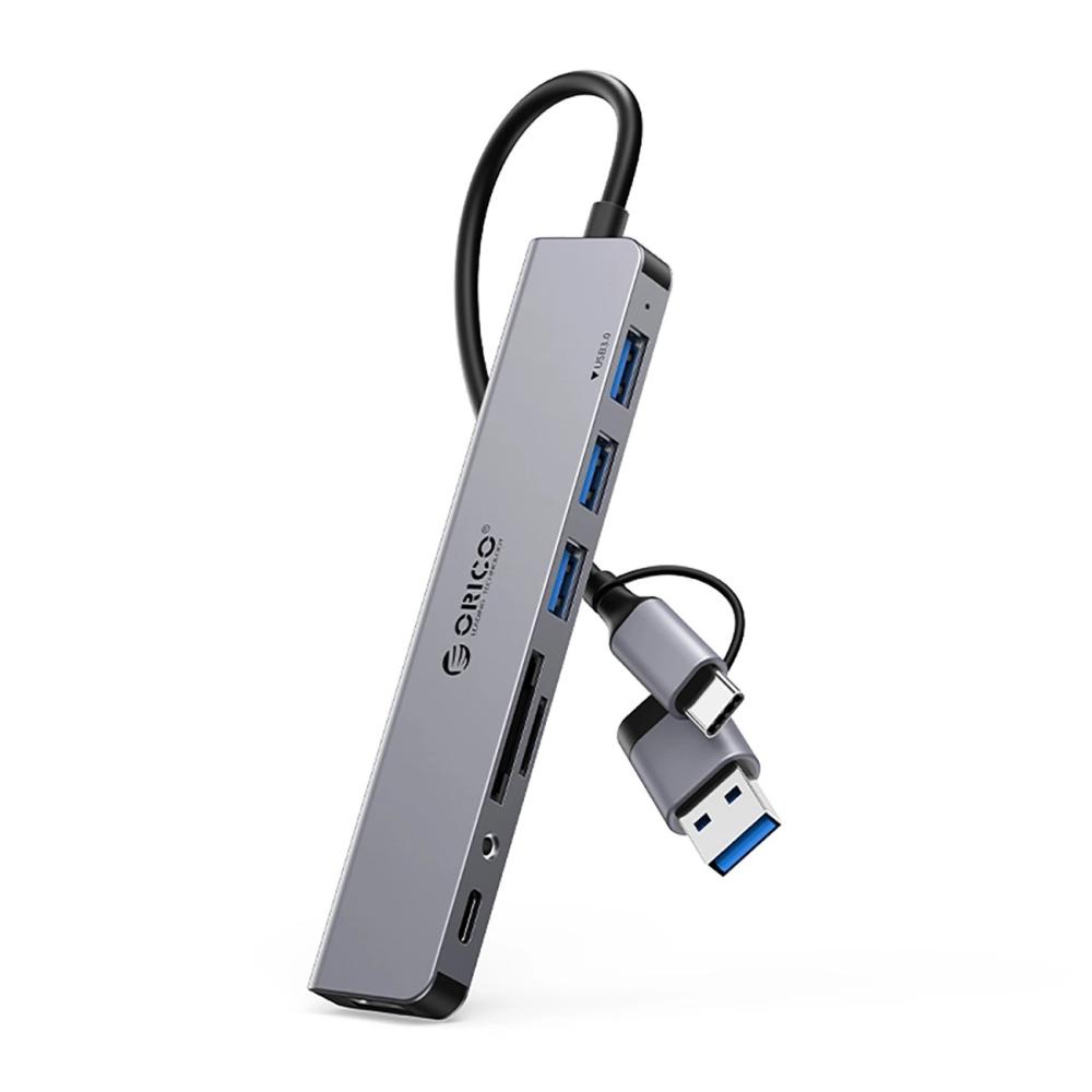 Докинг станция Orico YSA8-U3 USB-A/USB-C Hub 3xUSB-A 2.0 + 1x USB-A 3.0 + 1x USB-C 2.0 + 1x 3.5mm Audio + 2x TF&SD - сив