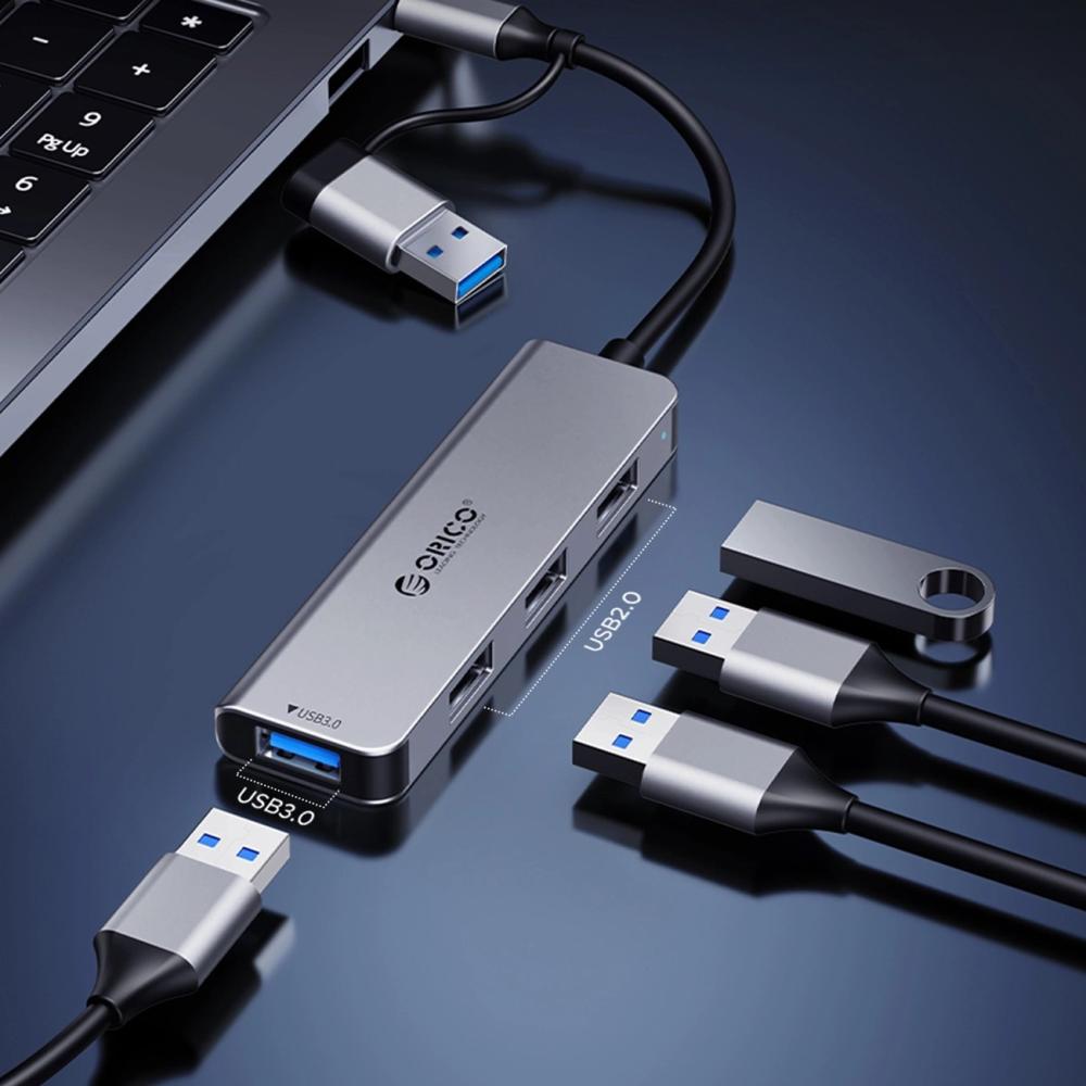 Докинг станция Orico YSA8-U3 USB-A/USB-C Hub 3xUSB-A 2.0 + 1x USB-A 3.0 + 1x USB-C 2.0 + 1x 3.5mm Audio + 2x TF&SD - сив