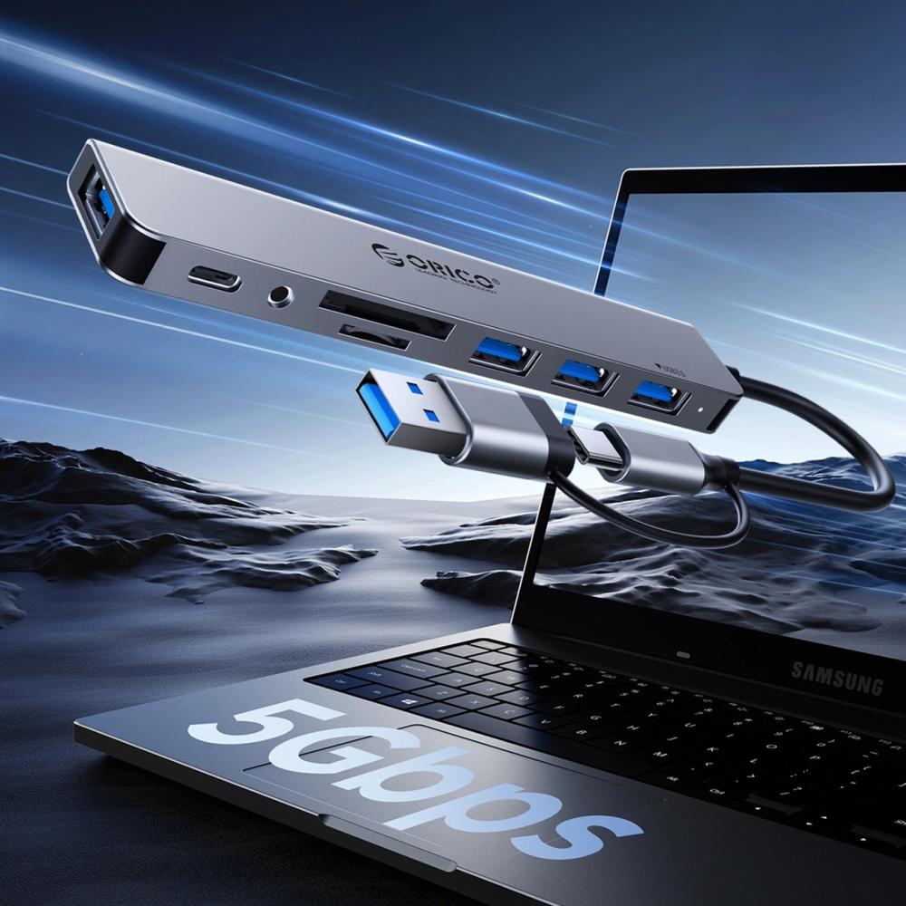 Докинг станция Orico YSA8-U3 USB-A/USB-C Hub 3xUSB-A 2.0 + 1x USB-A 3.0 + 1x USB-C 2.0 + 1x 3.5mm Audio + 2x TF&SD - сив