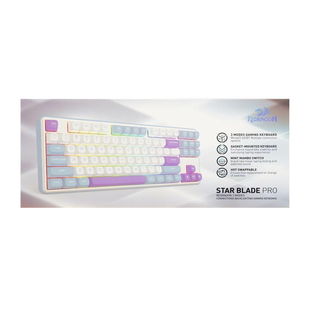Геймърска Bluetooth и безжична механична клавиатура Redragon Star Blade Pro K707WBP-RGB-PRO - бяло/лилаво
