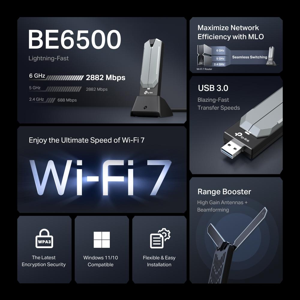 Безжичен USB адаптер с висок коефициент на усилване Wi-Fi 7 TP-Link Archer TBE400UH BE6500