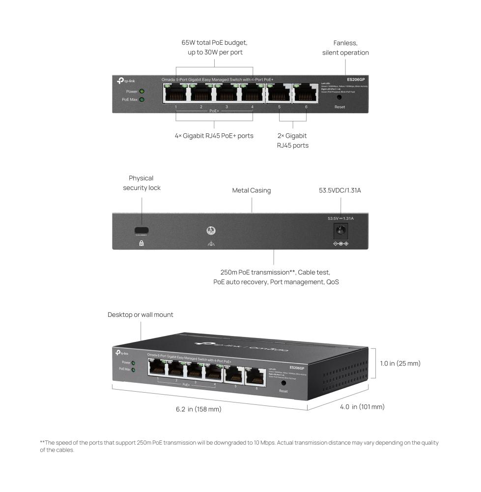 6-портов гигабитов управляем настолен комутатор TP-Link Omada ES206GP с 4-порта PoE+
