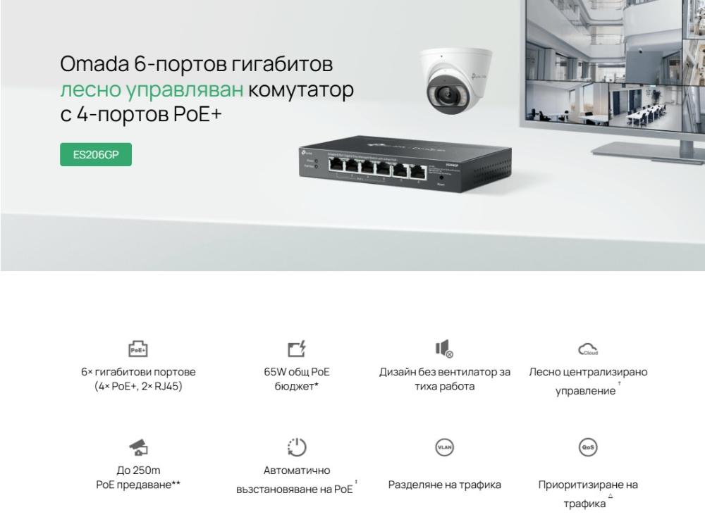 6-портов гигабитов управляем настолен комутатор TP-Link Omada ES206GP с 4-порта PoE+
