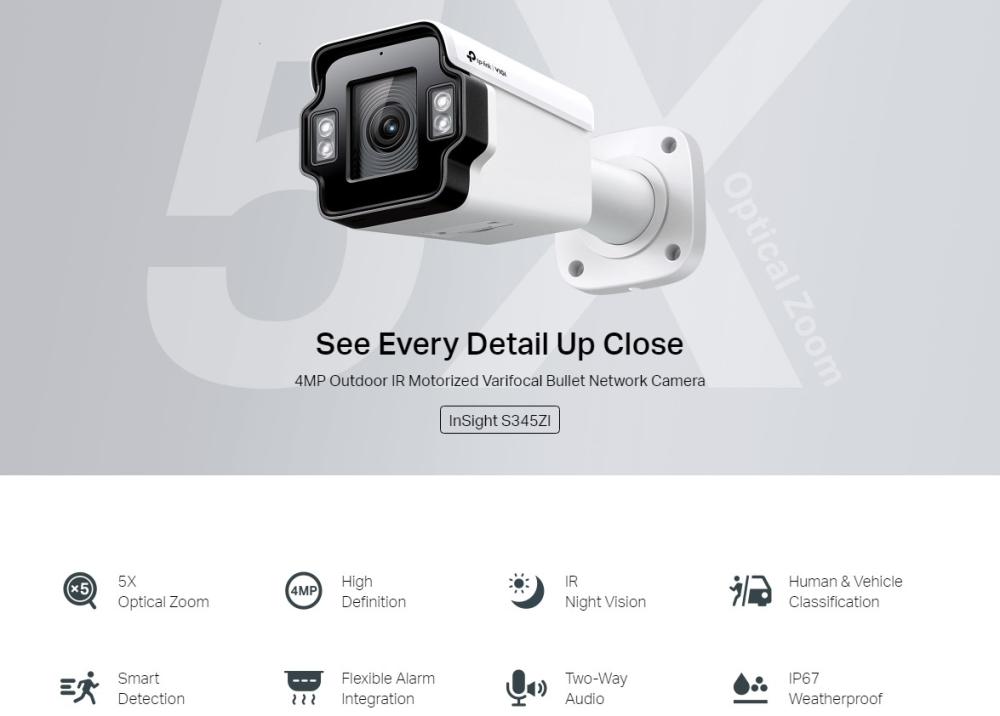 4MP външна IR моторизирана Wi-Fi Varifocal Bullet мрежова камера TP-Link VIGI InSight S345ZI