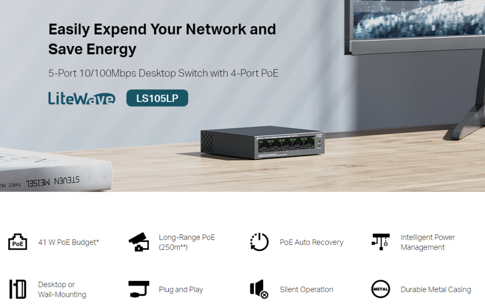 Комутатор TP-Link LS105LP 5-портов 10/100 Mbps