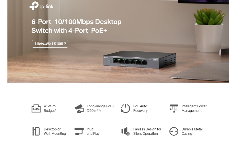 Комутатор TP-Link LS106LP 6-портов 10/100 Mbps с 4-портов PoE+
