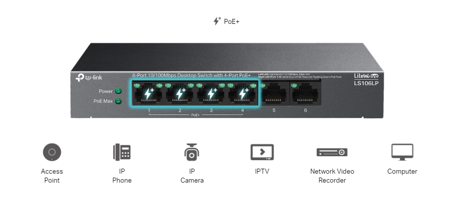 Комутатор TP-Link LS106LP 6-портов 10/100 Mbps с 4-портов PoE+