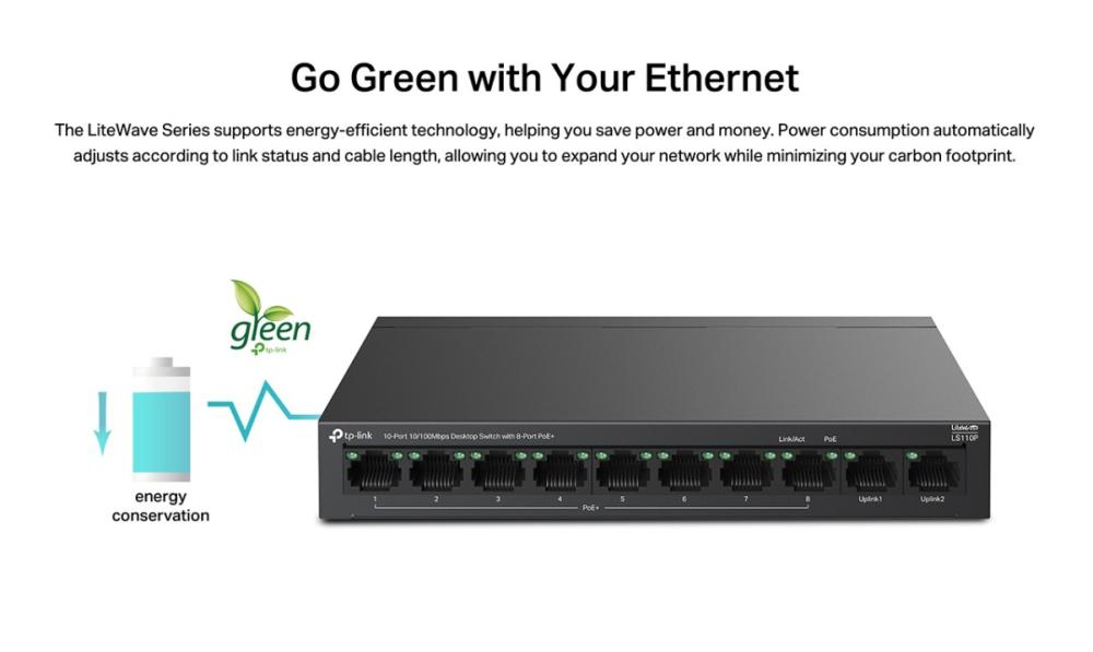 10-портов 10/100Mbps настолен комутатор TP-Link LS110P с 8 PoE+ порта