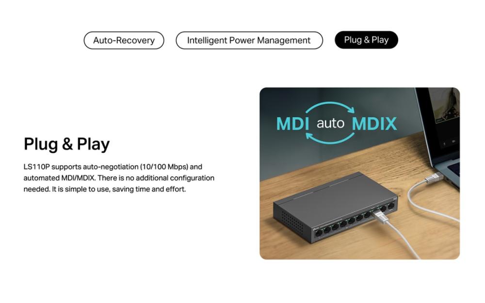 10-портов 10/100Mbps настолен комутатор TP-Link LS110P с 8 PoE+ порта