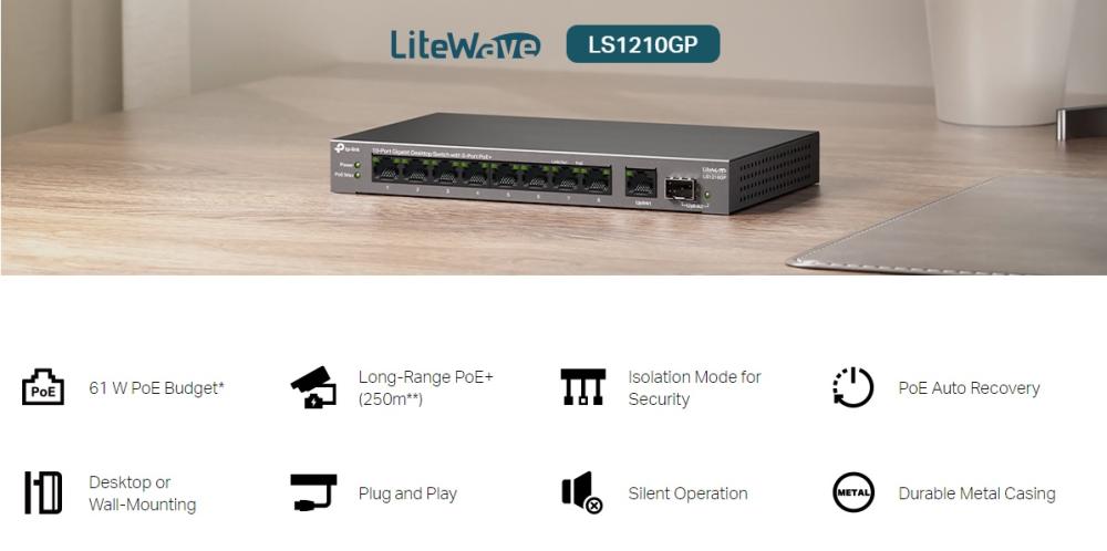 10-портов гигабитен настолен комутатор TP-Link LS1210GP с 8-PoE+ порта