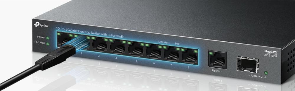 10-портов гигабитен настолен комутатор TP-Link LS1210GP с 8-PoE+ порта