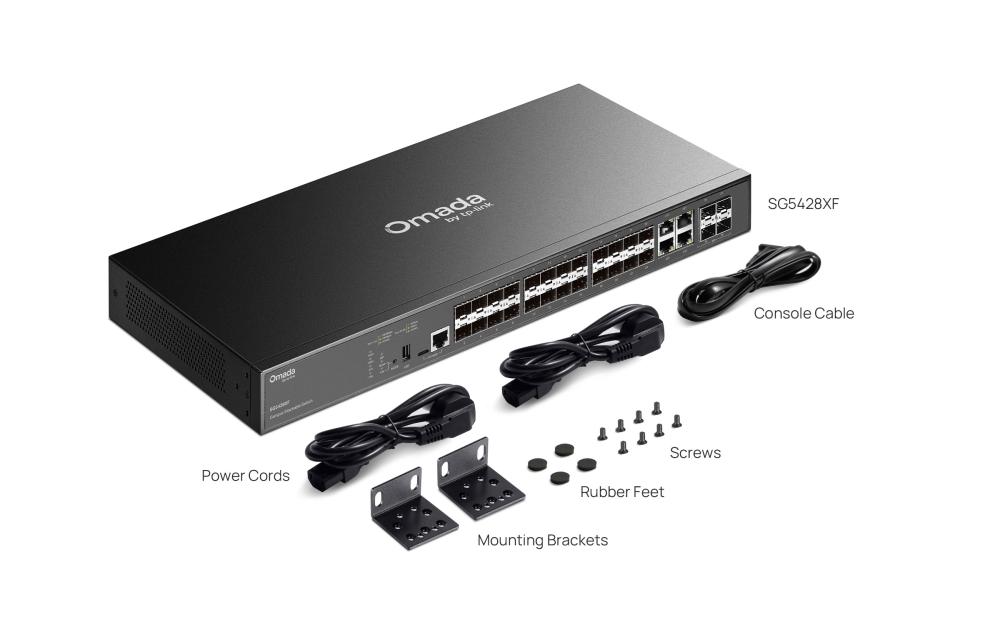 24-портов SFP Stackable Lite L3 управляван комутатор TP-Link Omada Campus SG5428XF с 4× 10G порта