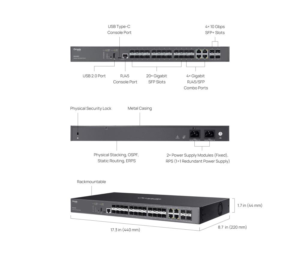 24-портов SFP Stackable Lite L3 управляван комутатор TP-Link Omada Campus SG5428XF с 4× 10G порта