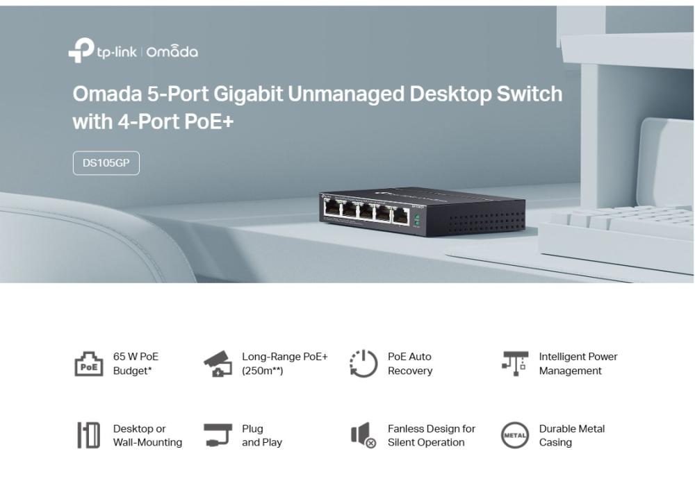 5-портов гигабитов неуправляем настолен комутатор TP-Link DS105GP с 4-порта PoE+