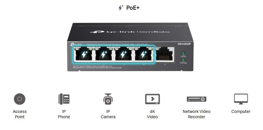 5-портов гигабитов неуправляем настолен комутатор TP-Link DS105GP с 4-порта PoE+