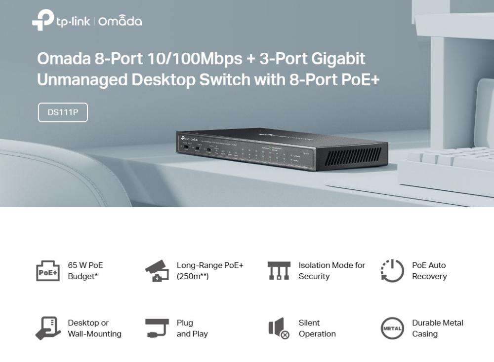 Комутатор неуправляем TP-Link Omada DS111P 8-порта 10/100Mbps + 3-порта Gigabit с 8-порта PoE+