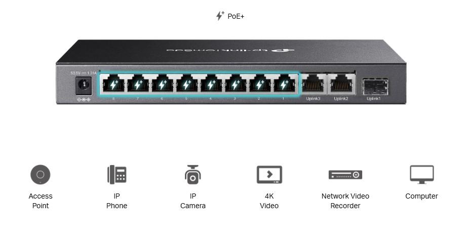 Комутатор неуправляем TP-Link Omada DS111P 8-порта 10/100Mbps + 3-порта Gigabit с 8-порта PoE+