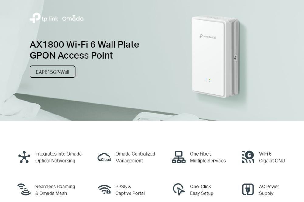 Безжична точка за достъп за стенен монтаж TP-Link Omada EAP615GP-Wall GPON WiFi 6 AX1800