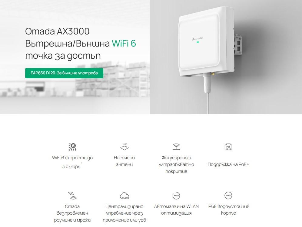Точка за достъп TP-Link Omada EAP650 D120-Outdoor AX3000 Indoor/Outdoor WiFi 6 Access Point