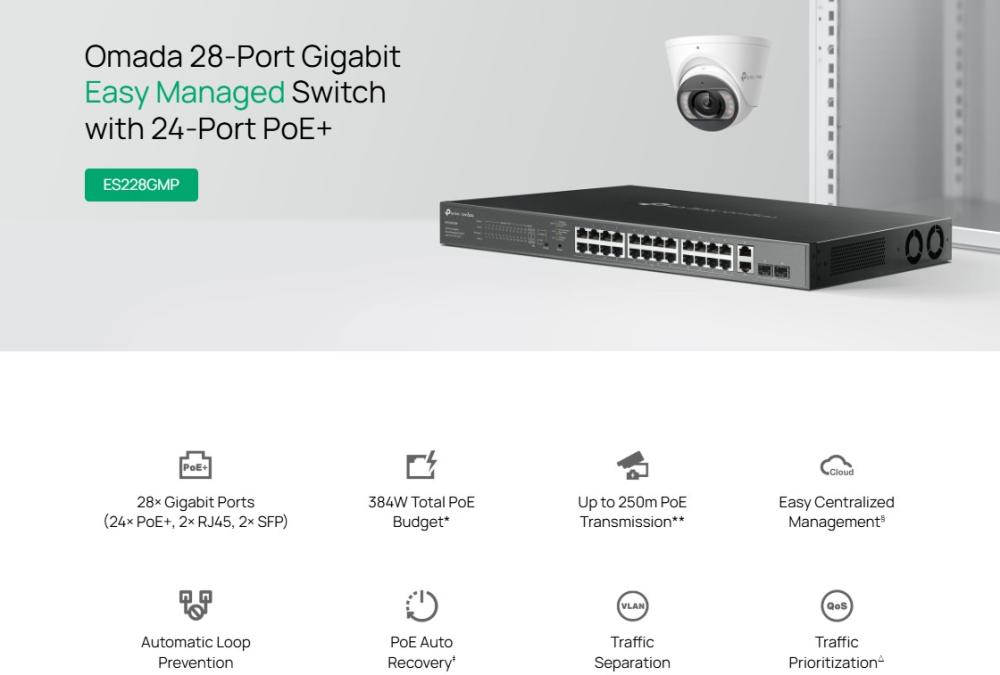 28-портов комутатор TP-Link Omada ES228GMP Gigabit Easy Managed Switch с 24 PoE+ порта