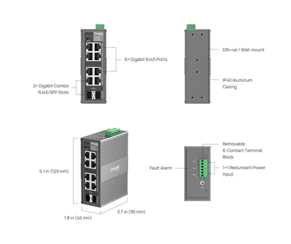 8-портов гигабитов индустриален лесно управляем комутатор TP-Link Omada IES208G