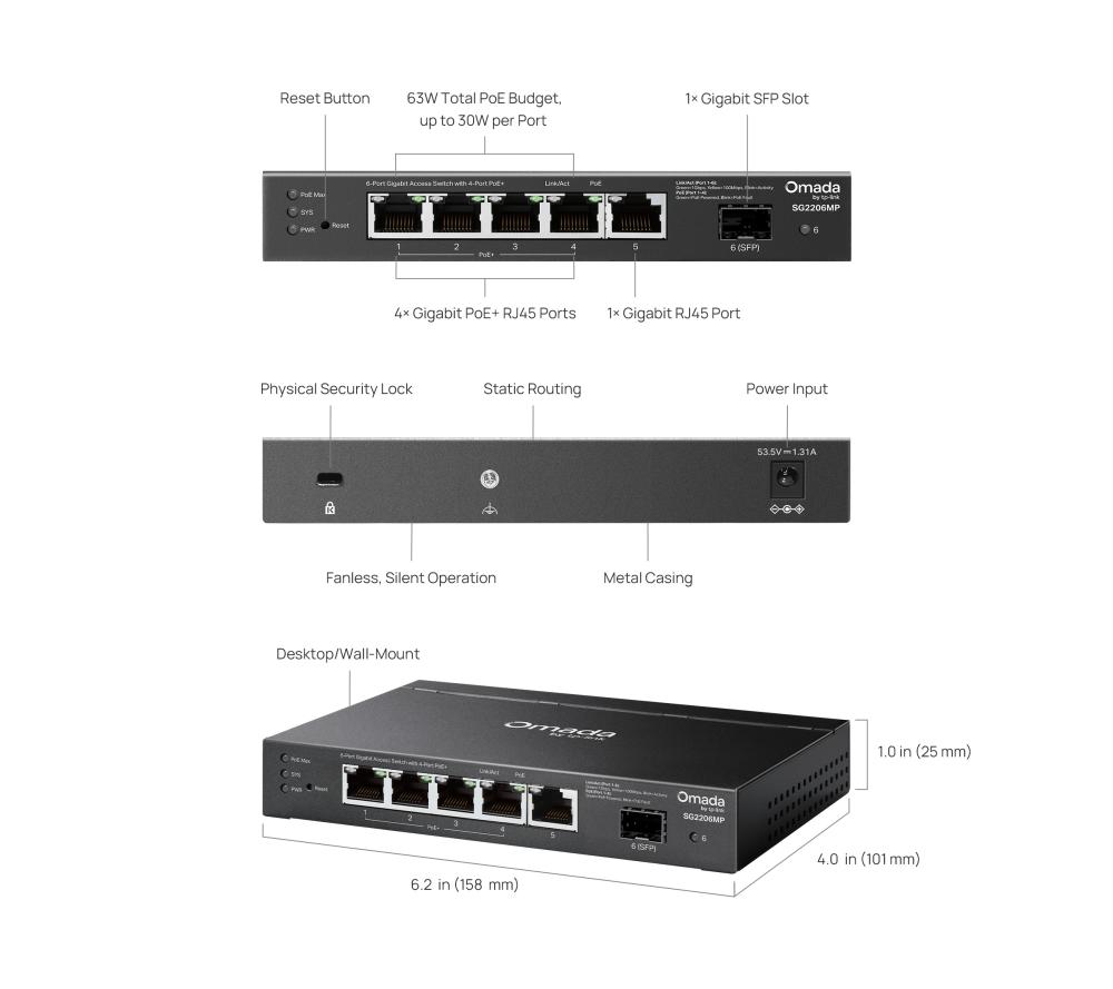 6-портов гигабитов комутатор за достъп с 4 PoE+ порта TP-Link Omada SG2206MP