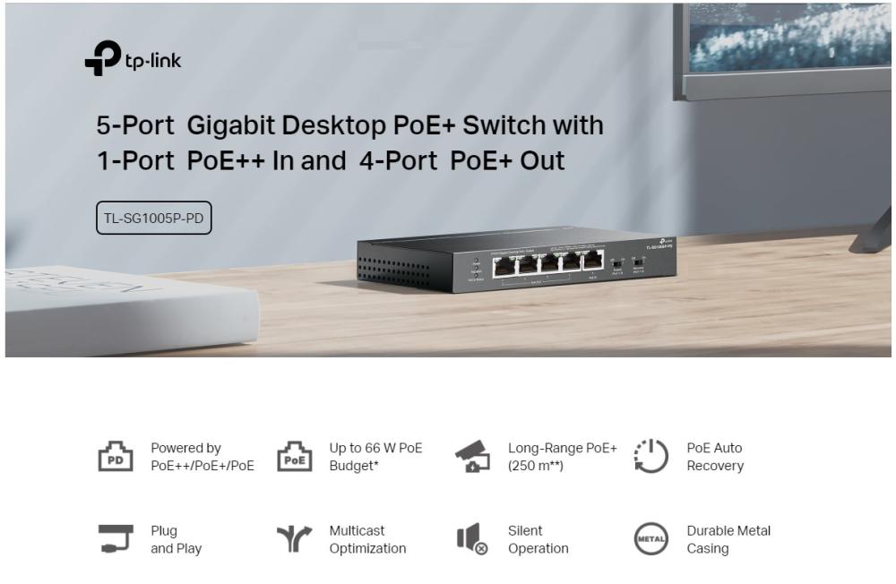 5-портов гигабитов настолен PoE+ комутатор с 1-портов PoE++ вход и 4-портов PoE+изход TP-Link TL-SG1005P-PD
