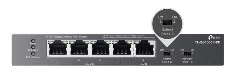 5-портов гигабитов настолен PoE+ комутатор с 1-портов PoE++ вход и 4-портов PoE+изход TP-Link TL-SG1005P-PD