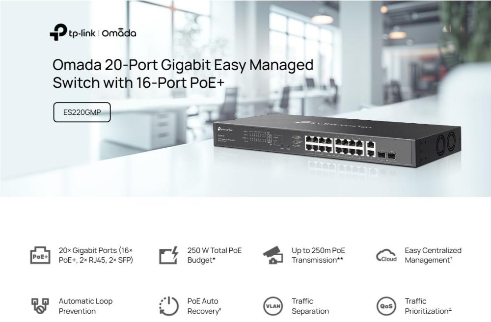 20-портов комутатор TP-Link Omada ES220GMP Gigabit Easy Managed Switch с 16 PoE+ порта