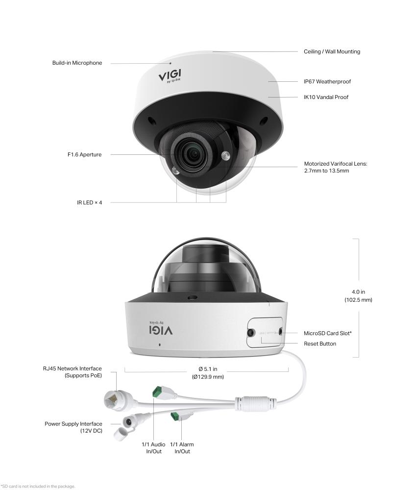 4MP IR моторизирана Wi-Fi Varifocal куполна мрежова камера TP-Link VIGI InSight S245ZI