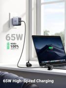 Зарядно устройство Ugreen CD296 90409, 220V 2xUSB C,1xUSB,65W, с адаптери за US,UK,EU