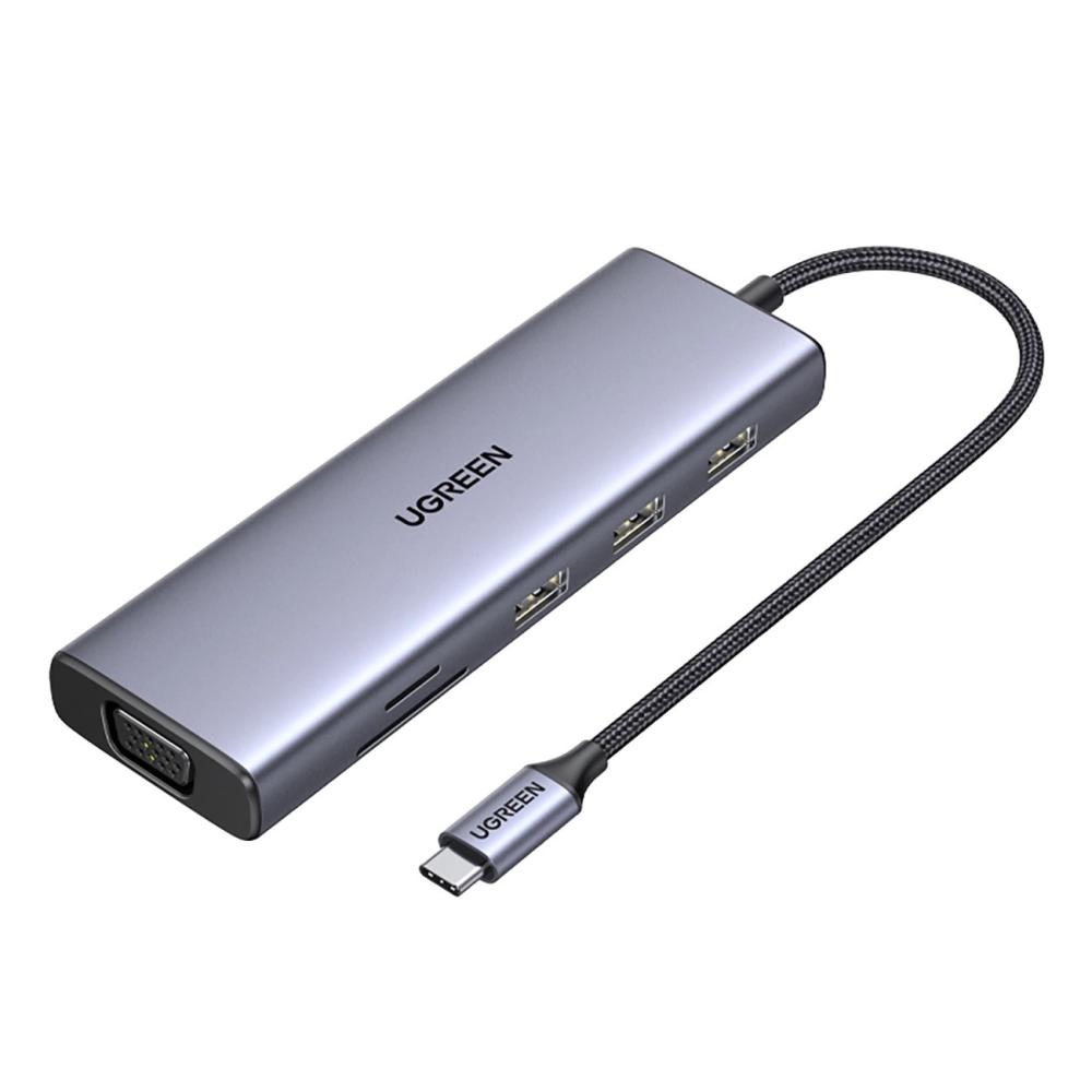 Мултифункционален USB хъб Ugreen CM498 15600 USB-C - 3x USB-A 3.0 / HDMI / VGA / RJ45 / SD / TF Card Reader / USB-C PD - сив