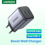 Зарядно устройство Ugreen Nexode CD294 90573 220V 2xUSB-C,GaN,45W,PD - сив